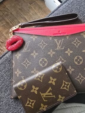 Signture To go Monogram Canvas  Clutch in Red Trim/wallet & Crystal Charm Bundle